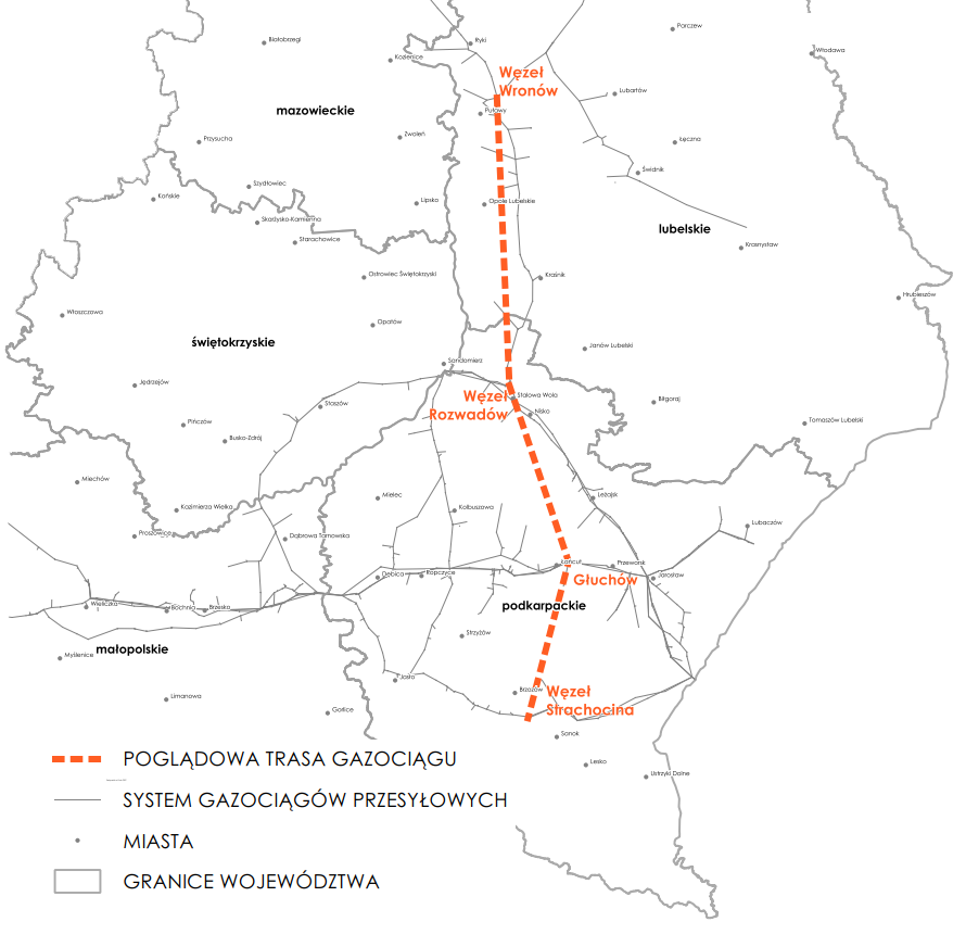 Mapka gazociągu Wronów-Rozwadów-Strachocina 